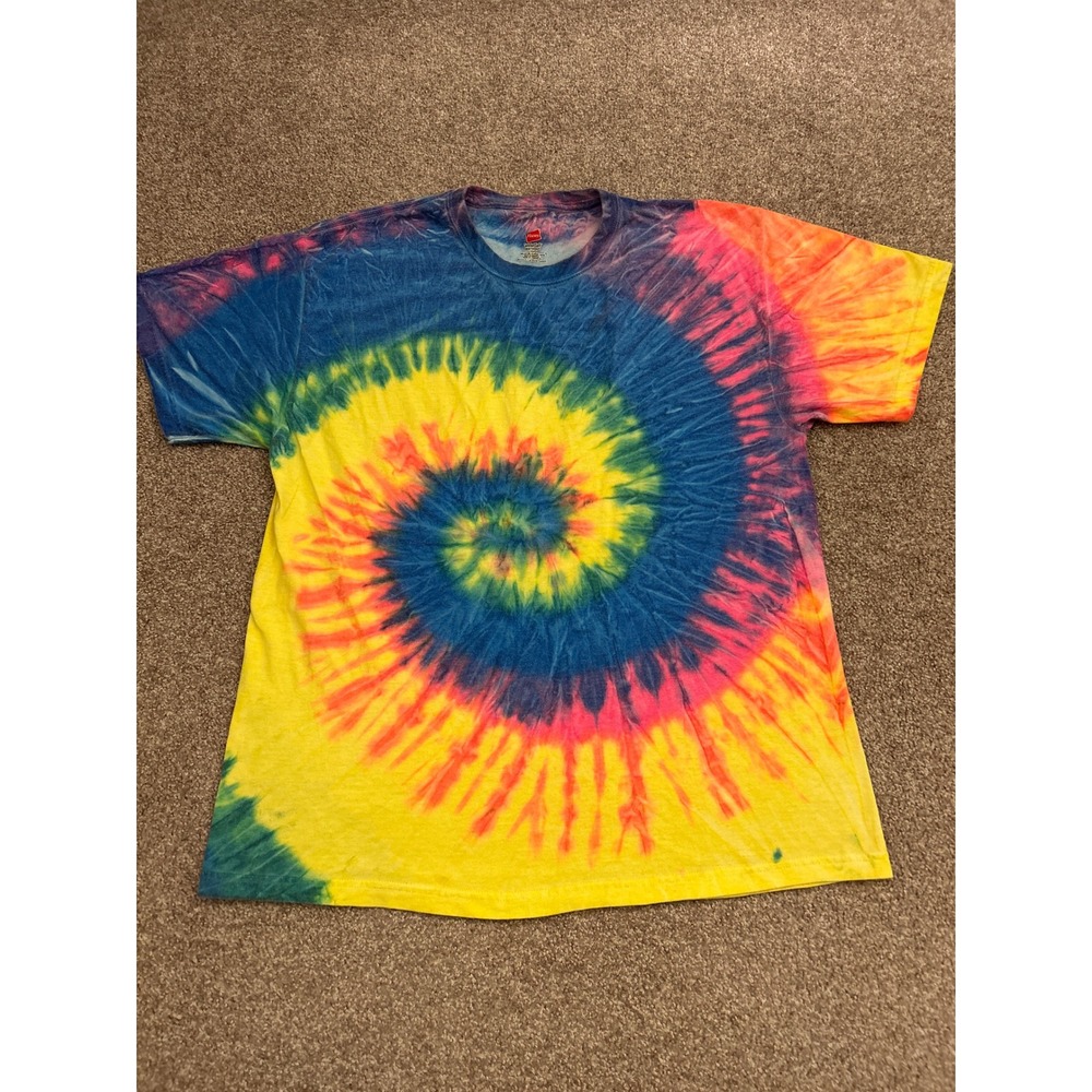 90s Hanes T-Shirt Mens Large L Multicolor Excellent Rainbow Spiral Tie Dye Tee